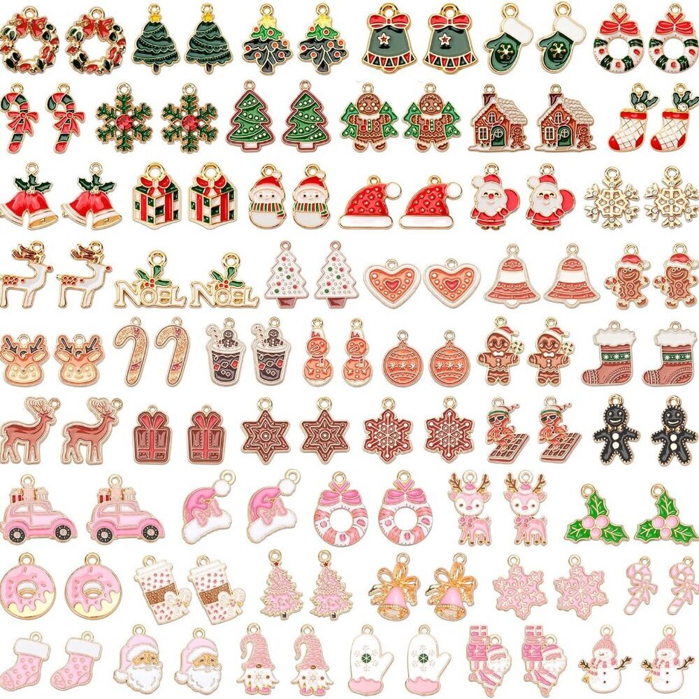 110Pcs/55 Pairs Christmas Charms, Holiday Enamel Charms Red Green Pink Gingerbre